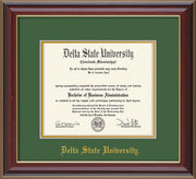 Image of Delta State University Diploma Frame - Cherry Lacquer - w/School Name Only - Green on Gold mats