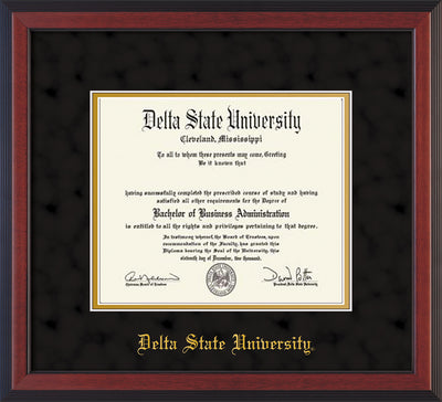 Image of Delta State University Diploma Frame - Cherry Reverse - w/School Name Only - Black Suede on Gold mats