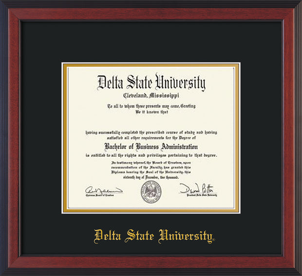 Image of Delta State University Diploma Frame - Cherry Reverse - w/School Name Only - Black on Gold mats