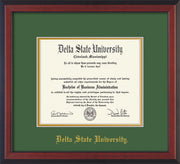 Image of Delta State University Diploma Frame - Cherry Reverse - w/School Name Only - Green on Gold mats