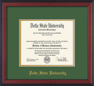 Image of Delta State University Diploma Frame - Cherry Reverse - w/School Name Only - Green on Gold mats