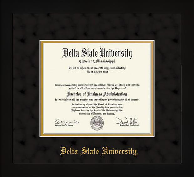Image of Delta State University Diploma Frame - Flat Matte Black - w/School Name Only - Black Suede on Gold mats