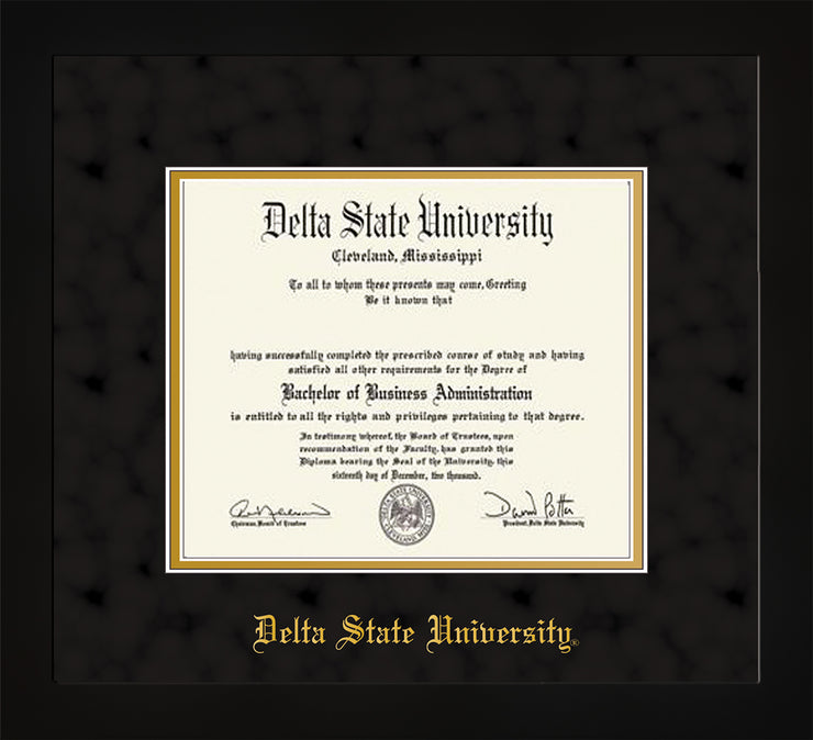 Image of Delta State University Diploma Frame - Flat Matte Black - w/School Name Only - Black Suede on Gold mats