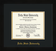 Image of Delta State University Diploma Frame - Flat Matte Black - w/School Name Only - Black on Gold mats