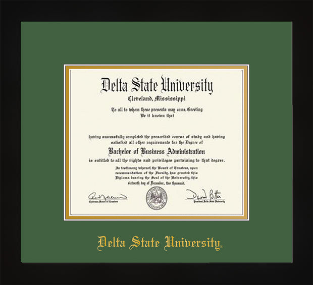 Image of Delta State University Diploma Frame - Flat Matte Black - w/School Name Only - Green on Gold mats