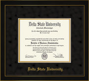 Image of Delta State University Diploma Frame - Honors Black Satin - w/School Name Only - Black Suede on Gold mats