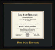 Image of Delta State University Diploma Frame - Honors Black Satin - w/School Name Only - Black on Gold mats