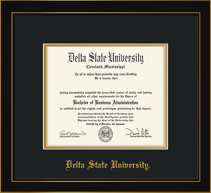 Image of Delta State University Diploma Frame - Honors Black Satin - w/School Name Only - Black on Gold mats