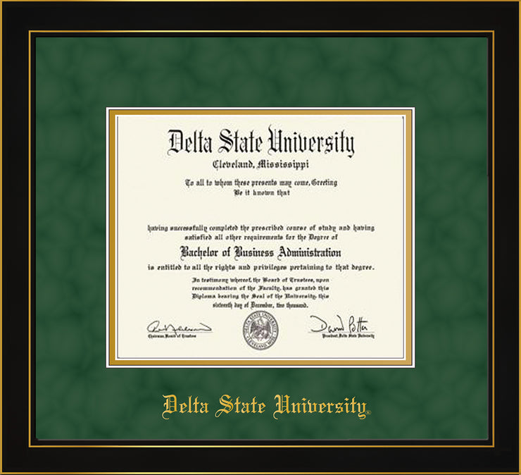 Image of Delta State University Diploma Frame - Honors Black Satin - w/School Name Only - Green Suede on Gold mats