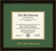 Image of Delta State University Diploma Frame - Honors Black Satin - w/School Name Only - Green on Gold mats
