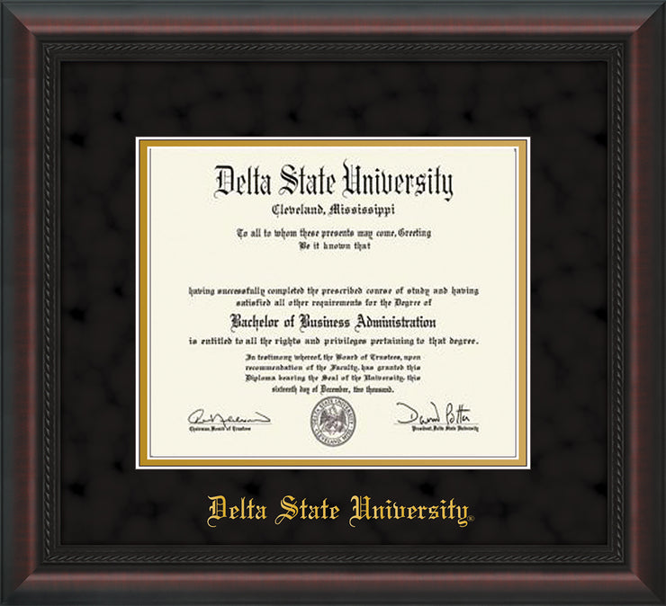 Image of Delta State University Diploma Frame - Mahogany Braid - w/School Name Only - Black Suede on Gold mats