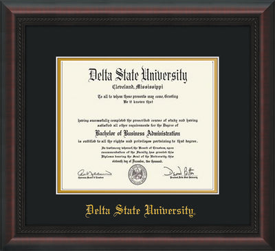 Image of Delta State University Diploma Frame - Mahogany Braid - w/School Name Only - Black on Gold mats