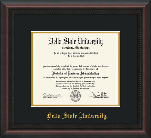 Image of Delta State University Diploma Frame - Mahogany Braid - w/School Name Only - Black on Gold mats