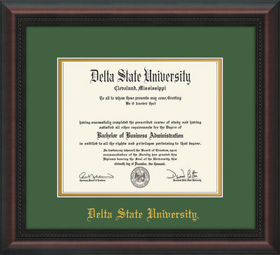 Image of Delta State University Diploma Frame - Mahogany Braid - w/School Name Only - Green on Gold mats