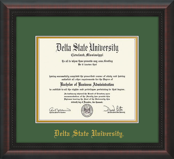 Image of Delta State University Diploma Frame - Mahogany Braid - w/School Name Only - Green on Gold mats