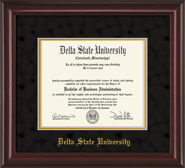 Image of Delta State University Diploma Frame - Mahogany Lacquer - w/School Name Only - Black Suede on Gold mats