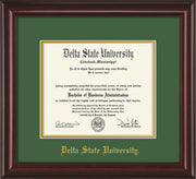 Image of Delta State University Diploma Frame - Mahogany Lacquer - w/School Name Only - Green on Gold mats