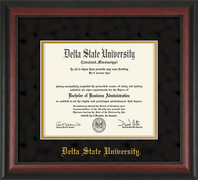 Image of Delta State University Diploma Frame - Rosewood - w/School Name Only - Black Suede on Gold mats