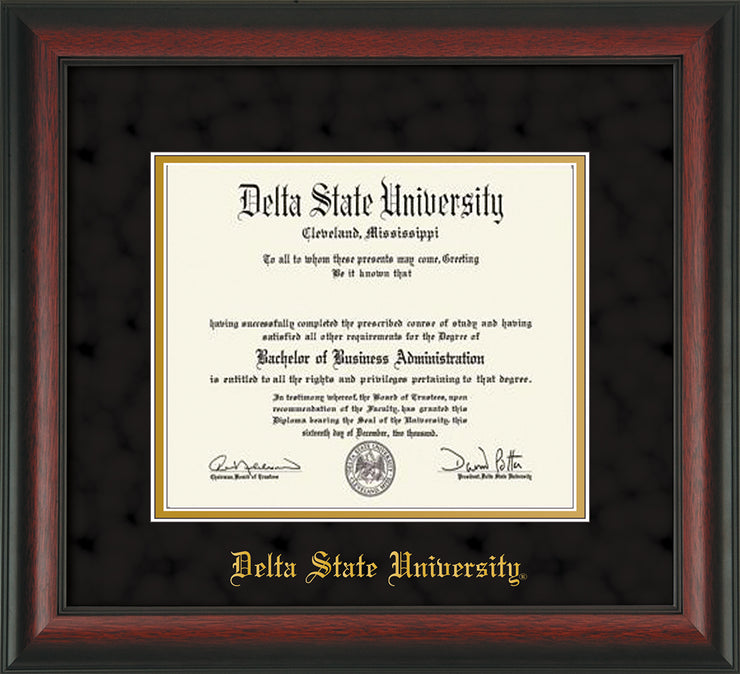 Image of Delta State University Diploma Frame - Rosewood - w/School Name Only - Black Suede on Gold mats