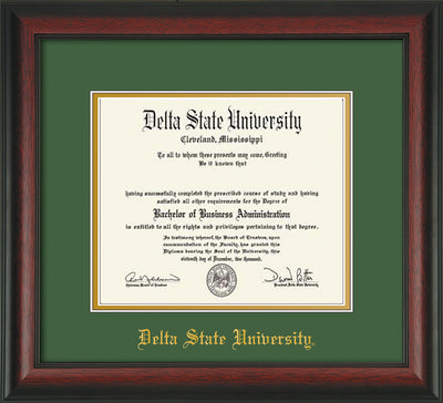 Image of Delta State University Diploma Frame - Rosewood - w/School Name Only - Green on Gold mats