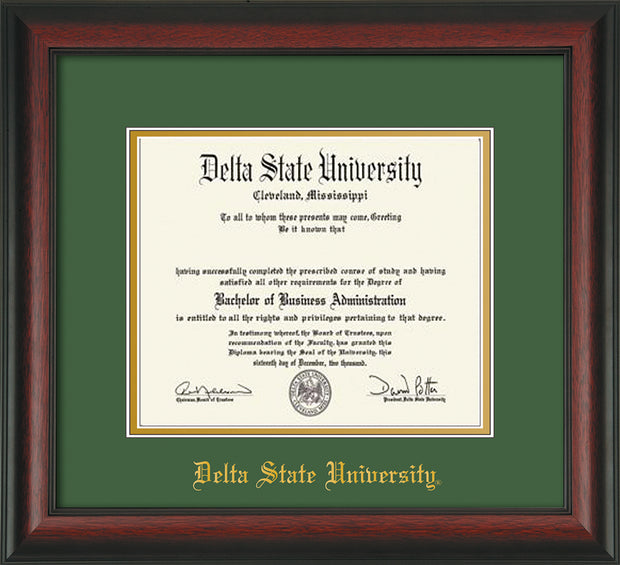 Image of Delta State University Diploma Frame - Rosewood - w/School Name Only - Green on Gold mats
