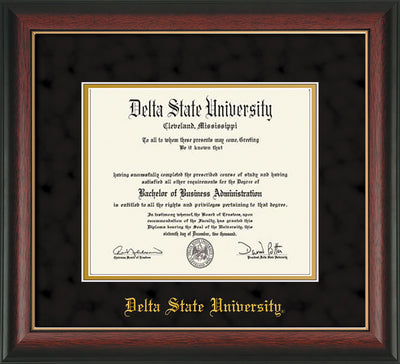 Image of Delta State University Diploma Frame - Rosewood w/Gold Lip - w/School Name Only - Black Suede on Gold mats