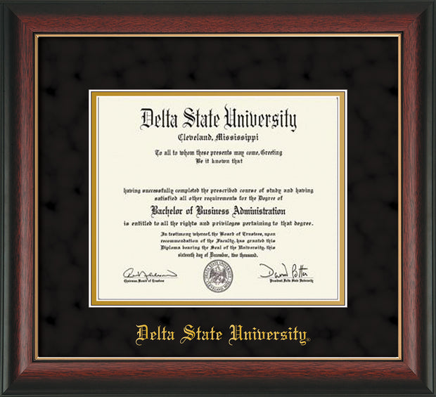 Image of Delta State University Diploma Frame - Rosewood w/Gold Lip - w/School Name Only - Black Suede on Gold mats