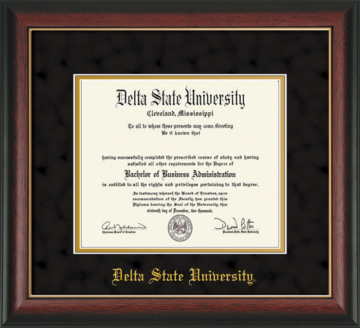 Image of Delta State University Diploma Frame - Rosewood w/Gold Lip - w/School Name Only - Black Suede on Gold mats