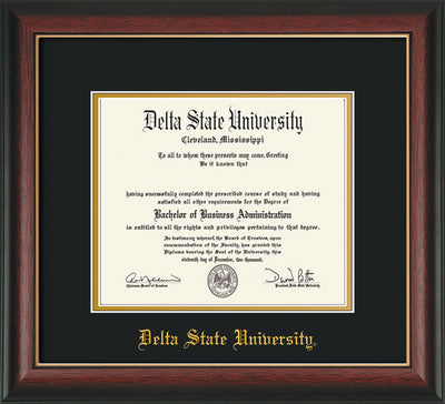Image of Delta State University Diploma Frame - Rosewood w/Gold Lip - w/School Name Only - Black on Gold mats