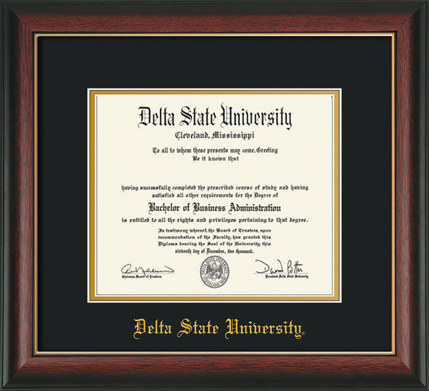 Image of Delta State University Diploma Frame - Rosewood w/Gold Lip - w/School Name Only - Black on Gold mats