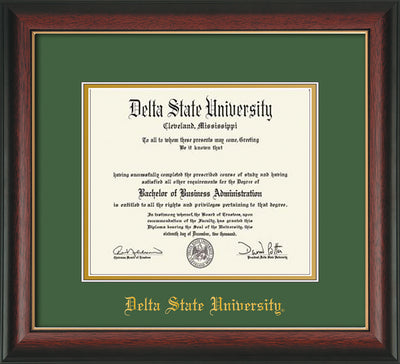 Image of Delta State University Diploma Frame - Rosewood w/Gold Lip - w/School Name Only - Green on Gold mats