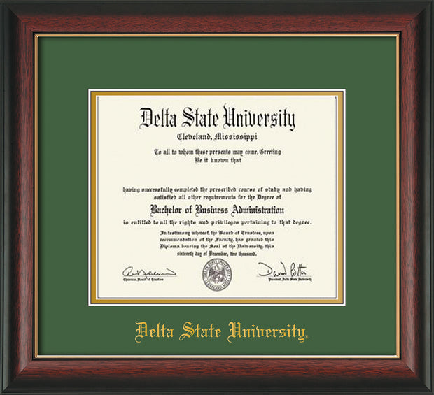 Image of Delta State University Diploma Frame - Rosewood w/Gold Lip - w/School Name Only - Green on Gold mats