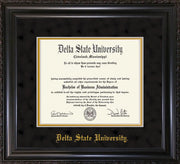 Image of Delta State University Diploma Frame - Vintage Black Scoop - w/School Name Only - Black Suede on Gold mats