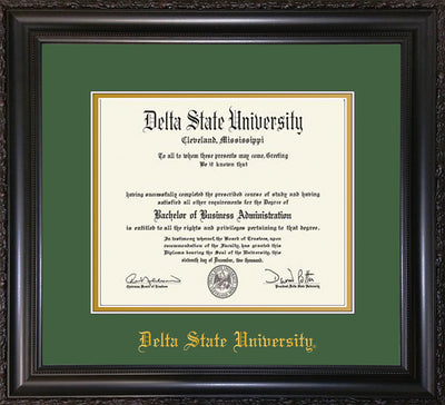 Image of Delta State University Diploma Frame - Vintage Black Scoop - w/School Name Only - Green on Gold mats