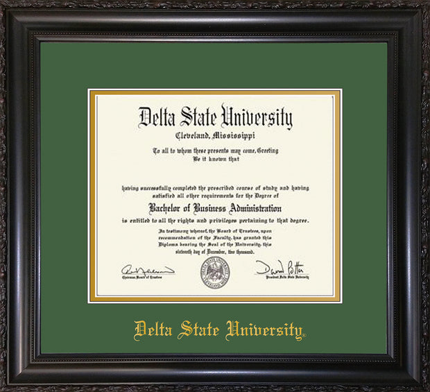 Image of Delta State University Diploma Frame - Vintage Black Scoop - w/School Name Only - Green on Gold mats