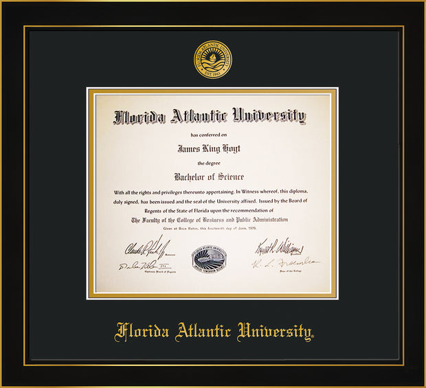 Image of Florida Atlantic University Diploma Frame - Honors Black Satin - w/Embossed FAU Seal & Name - Black on Gold mat