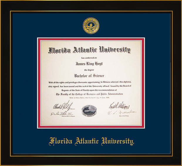 Image of Florida Atlantic University Diploma Frame - Honors Black Satin - w/Embossed FAU Seal & Name - Navy on Red mat