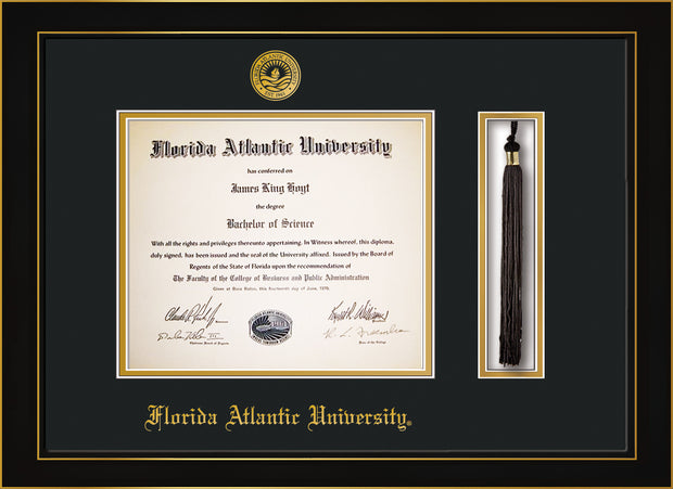 Image of Florida Atlantic University Diploma Frame - Honors Black Satin - w/Embossed FAU Seal & Name - Tassel Holder - Black on Gold mat