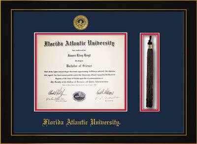 Image of Florida Atlantic University Diploma Frame - Black Lacquer - w/Embossed FAU Seal & Name - Tassel Holder - Navy on Red mat