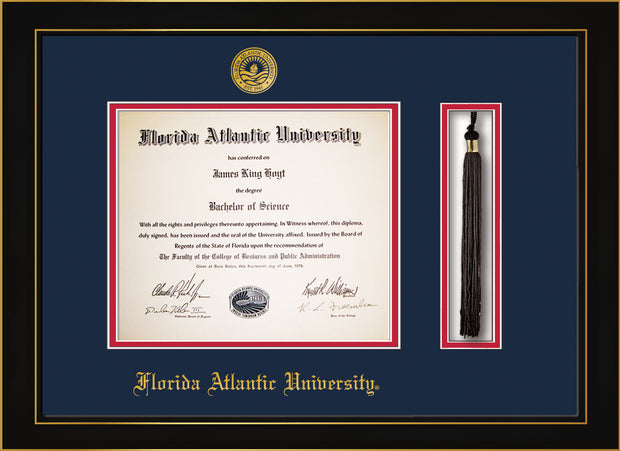 Image of Florida Atlantic University Diploma Frame - Black Lacquer - w/Embossed FAU Seal & Name - Tassel Holder - Navy on Red mat