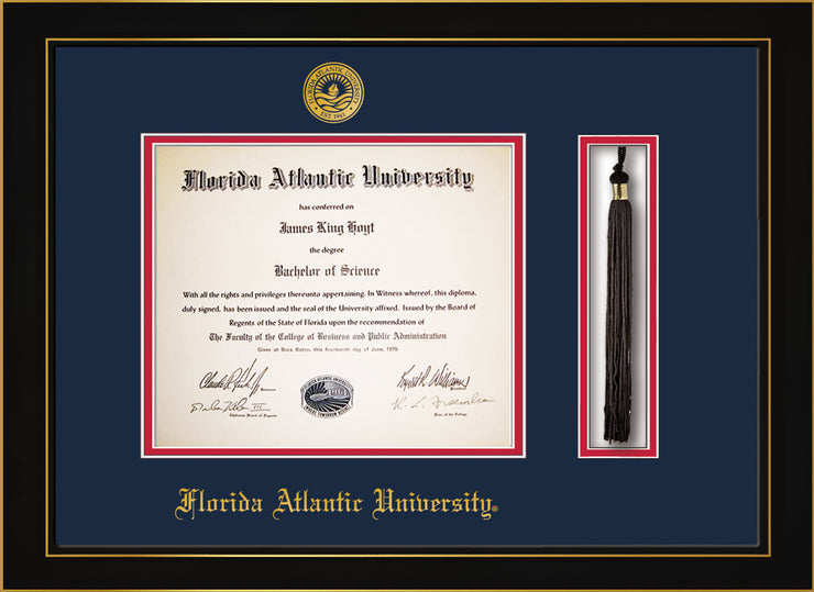 Image of Florida Atlantic University Diploma Frame - Black Lacquer - w/Embossed FAU Seal & Name - Tassel Holder - Navy on Red mat