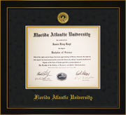 Image of Florida Atlantic University Diploma Frame - Honors Black Satin - w/Embossed FAU Seal & Name - Black Suede on Gold mat