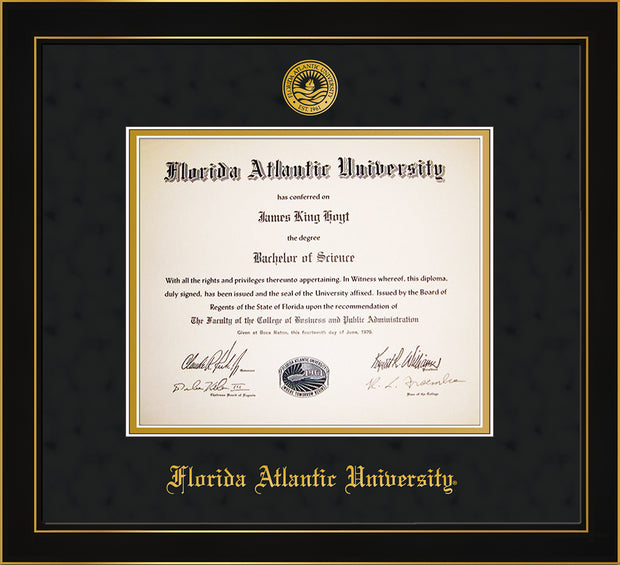 Image of Florida Atlantic University Diploma Frame - Honors Black Satin - w/Embossed FAU Seal & Name - Black Suede on Gold mat