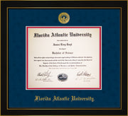Image of Florida Atlantic University Diploma Frame - Honors Black Satin - w/Embossed FAU Seal & Name - Navy Suede on Red mat