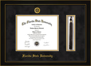 Image of Florida State University Diploma Frame - Honors Black Satin - w/Embossed FSU Seal & Name - Tassel Holder - Black Suede on Gold mats