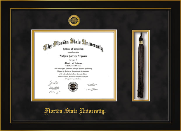 Image of Florida State University Diploma Frame - Honors Black Satin - w/Embossed FSU Seal & Name - Tassel Holder - Black Suede on Gold mats