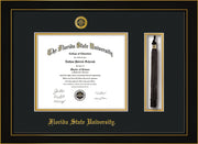 Image of Florida State University Diploma Frame - Honors Black Satin - w/Embossed FSU Seal & Name - Tassel Holder - Black on Gold mats