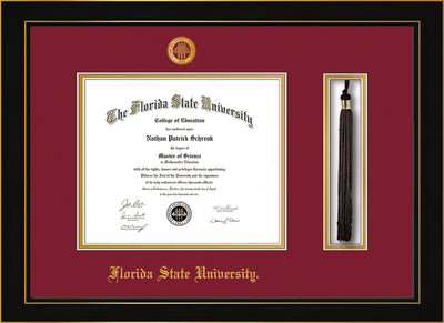 Image of Florida State University Diploma Frame - Honors Black Satin - w/Embossed FSU Seal & Name - Tassel Holder - Garnet on Gold mats