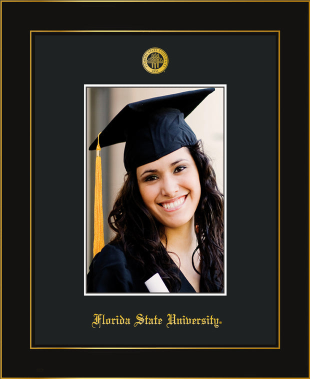 Image of Florida State University 5 x 7 Photo Frame - Honors Black Satin - w/Official Embossing of FSU Seal & Name - Single Black mat