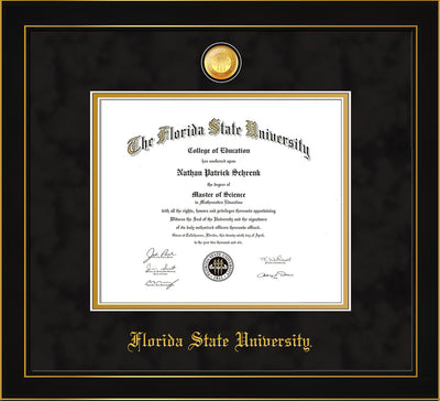 Image of Florida State University Diploma Frame - Honors Black Satin - w/24k Gold-Plated Medallion FSU Name Embossing - Black Suede on Gold mats
